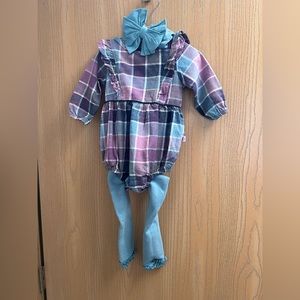 12-18 month Ruffle Butts Plaid Romper, tights, and head wrap